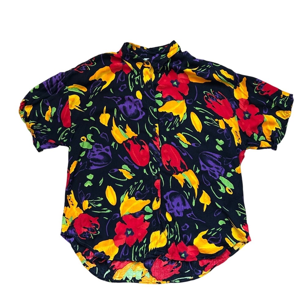 Vtg 3X Rayon floral Button Down Shirt Abstract boho‎ artsy resortwear tropical